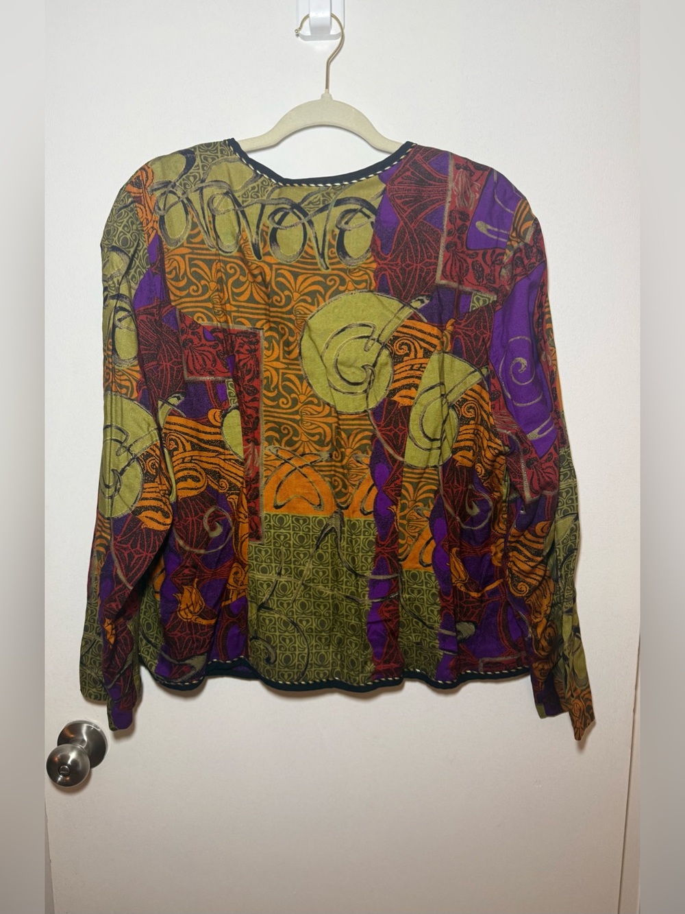A.S. Elliot Quilted Cotton Abstract Whimsy Multicolor V-Neck Button Fall Jacket - Picture 6 of 7